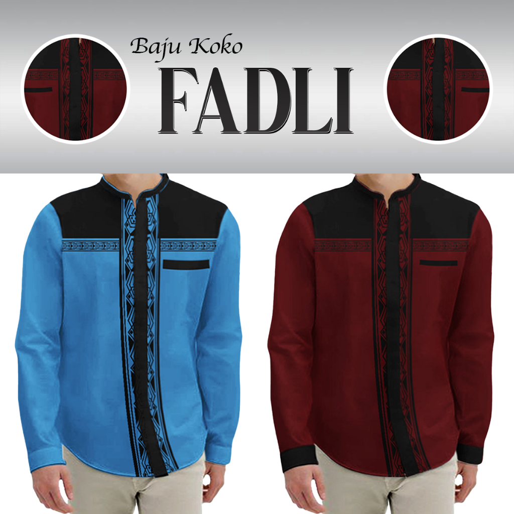 FortKlass Fadli Kemeja Koko Pria Lengan Panjang Baju Koko Sablon Motif Kemeja Tangan Panjang Lebaran
