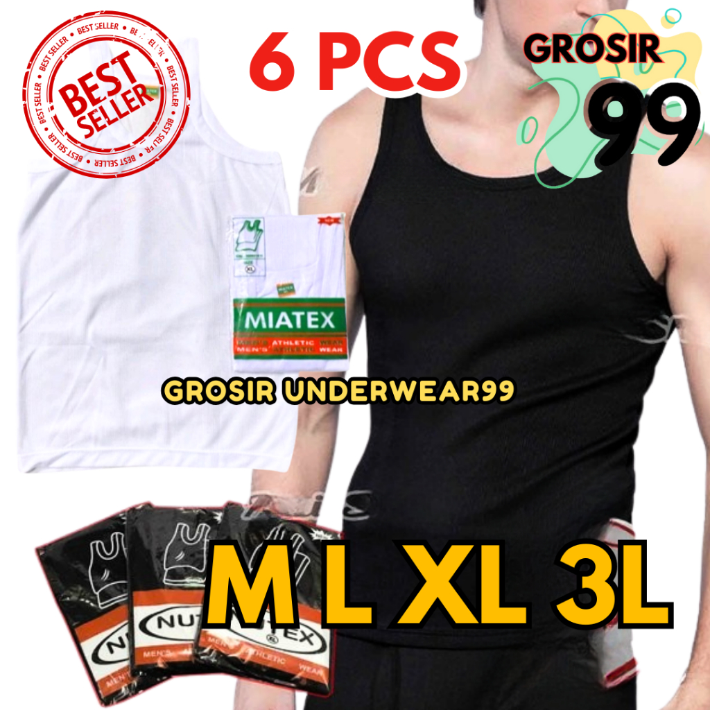 TERLARIS 6 PCS PROMO KAOS SINGLET PRIA DEWASA/KAOS DALAM PRIA HITAM-PUTIH MIATEX GROSIR99