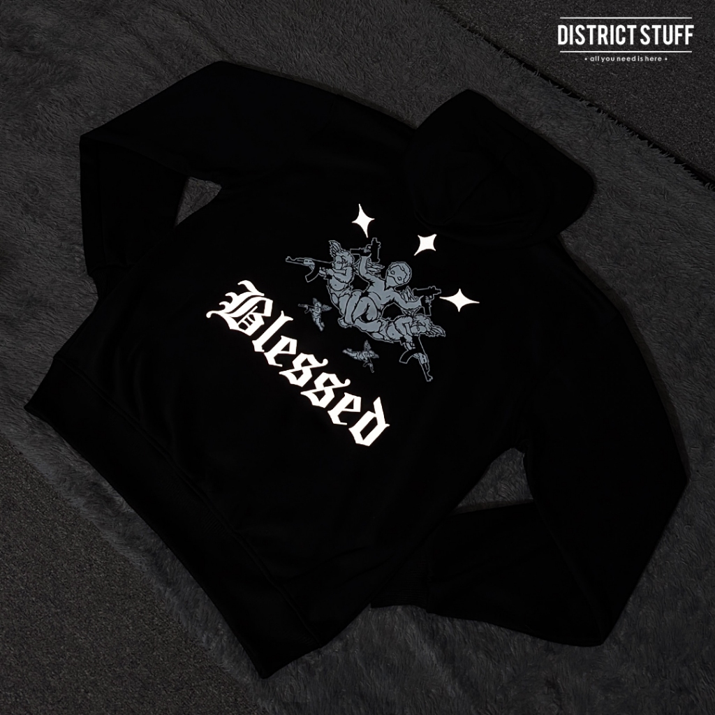 ORIGINAL HOODIE JUMPER REFLEKTIF BLESSED MENYALA DALAM GELAP JAKET PRIA WANITA COTTON FLEECE PREMIUM