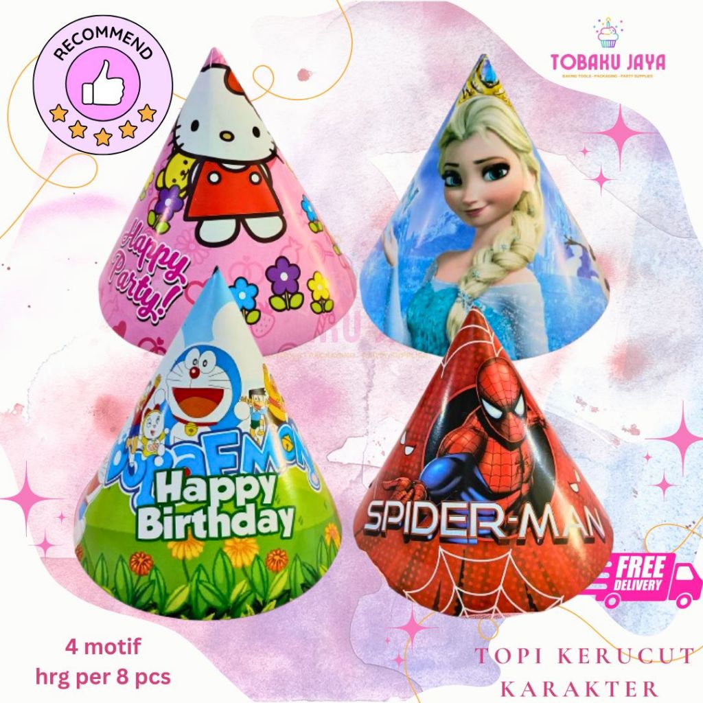 TOPI KERUCUT ULANG TAHUN SPIDERMAN HELLO KITTY FROZEN DORAEMON/ TOPI ULANG TAHUN KERUCUT/ TOPI DORAM