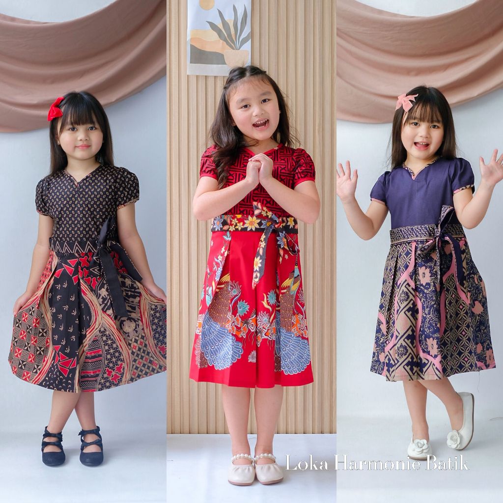 009 - Dress Batik Anak Lengan Pendek - Baju Atasan Dress Kemeja Batik Keluarga Pasangan Couple Anak 