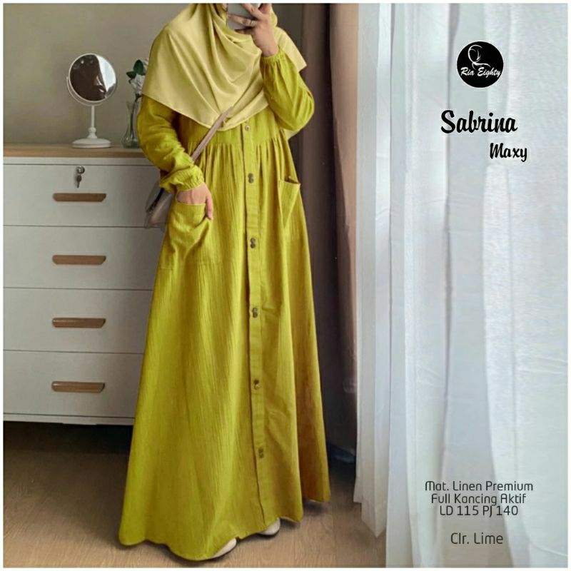 Lime / Lemon Sabrina Maxy Katun Gamis Muslim Jumbo Ld 115 fit XXXL dress Warna Polos By Riaeighty