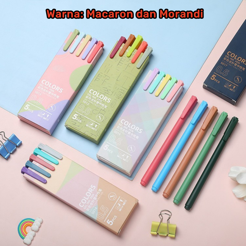 

Set 5 pulpen 0.5mm pena gel warna warni Marker pen aesthetic morandi macaron retro Ballpoint pastel Balpoin Bolpen diary jurnal scrapbook