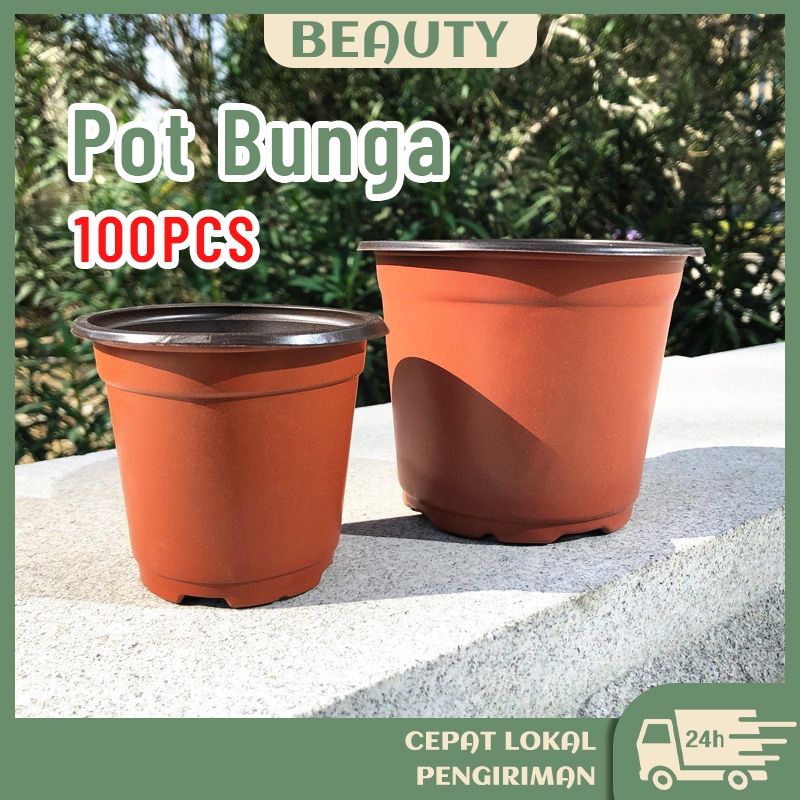 【100 Pcs】Pot Bunga Plastik Merah Bata Pot 9 ~ 21CM Bata Coklat Pot Bunga Polos