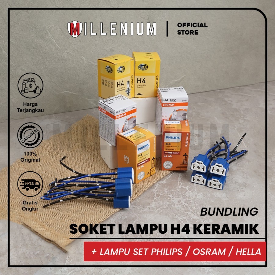 Soket Sealbeam Lampu H4 Keramik dengan Bohlam Halogen H4 60/55w 100/90w 12v PHILIPS HELLA OSRAM Sock