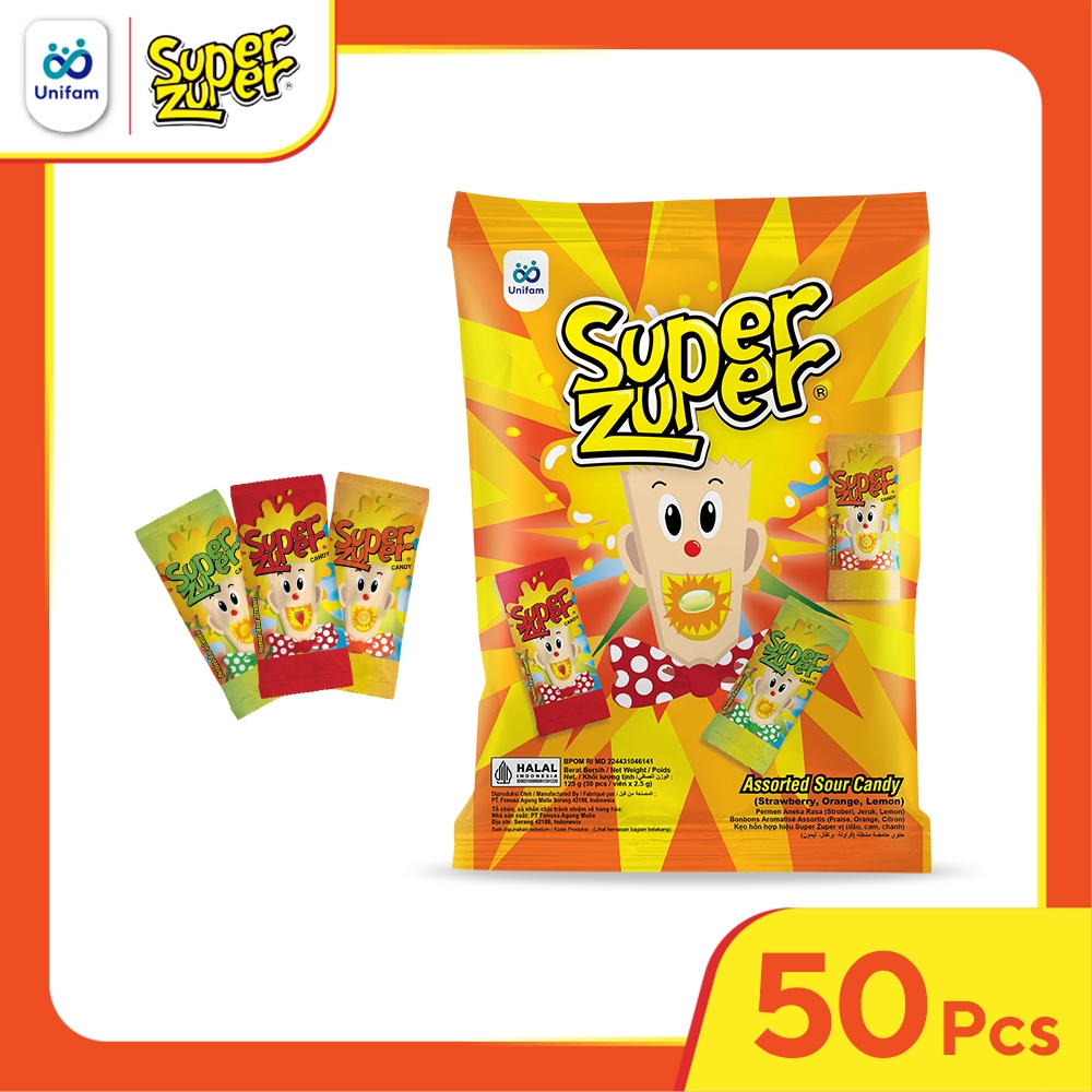 

Super Zuper Permen Asem Rasa Buah Bag - Sour Candy Mix 1 Bag (Isi 50 Pcs) @2.5 Gram