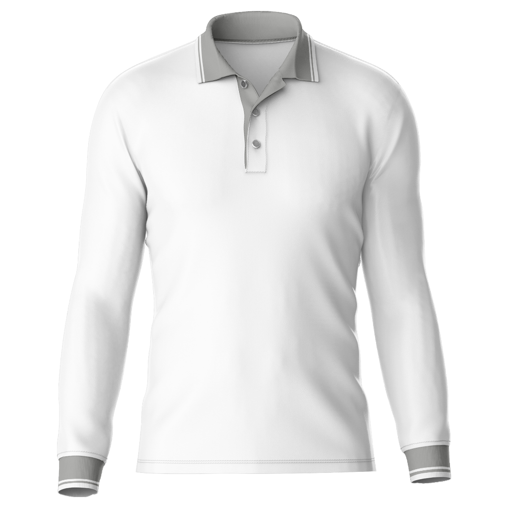 Kaos Polo Shirt Pria Kerah Lengan Panjang Rib Manset - Kancing 2 PUTIH KERAH ABU