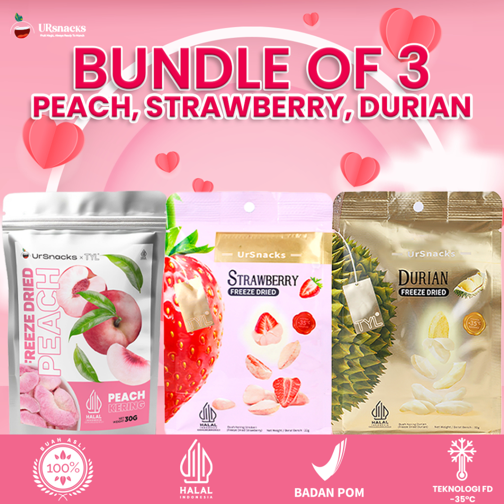 

URSNACKS Bundle Of 3 - Freeze Dried Peach 30gr + Freeze Dried Strawberry 22gr + Freeze Dried Durian 32gr - Snack Keripik Buah Asli HALAL BPOM