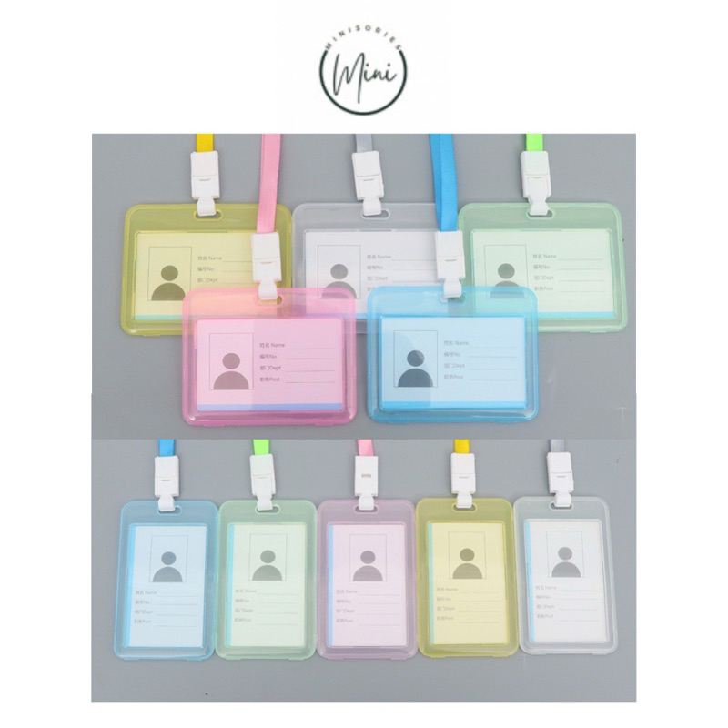 

name tag id card transparant gantungan kartu nama plastik vertical lanyard potrait motif polos warna warni tanda pengenal bening horizontal