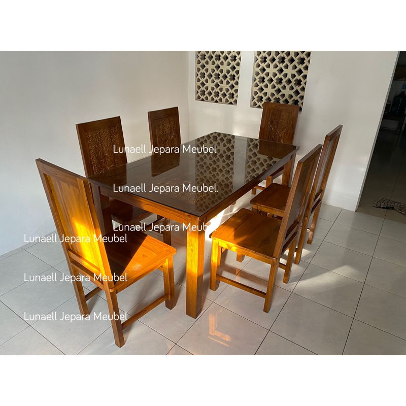 Meja makan jati 6 kursi dan kaca meja