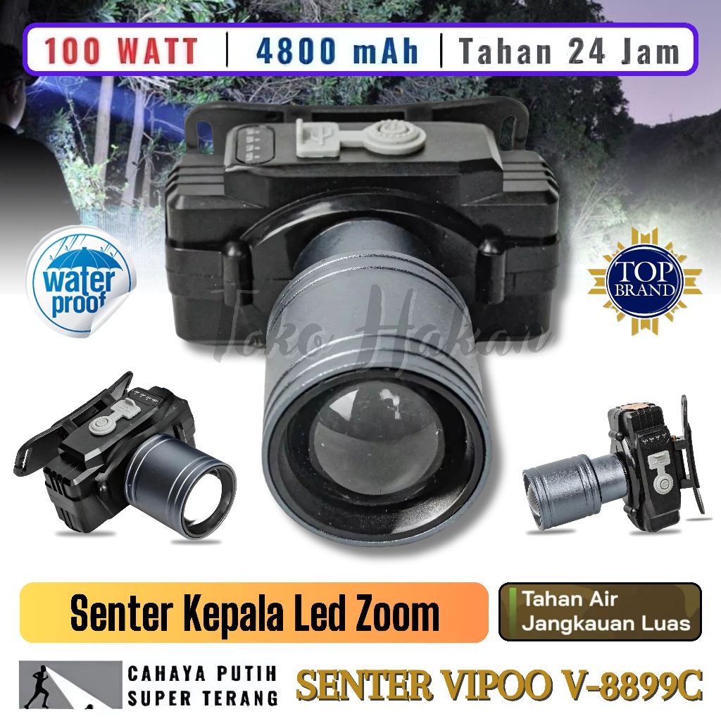 Senter Kepala Zoom VIPOO 100W Senter Kepala Led Super Terang | Senter Kepala Anti Air V-8899C | Head