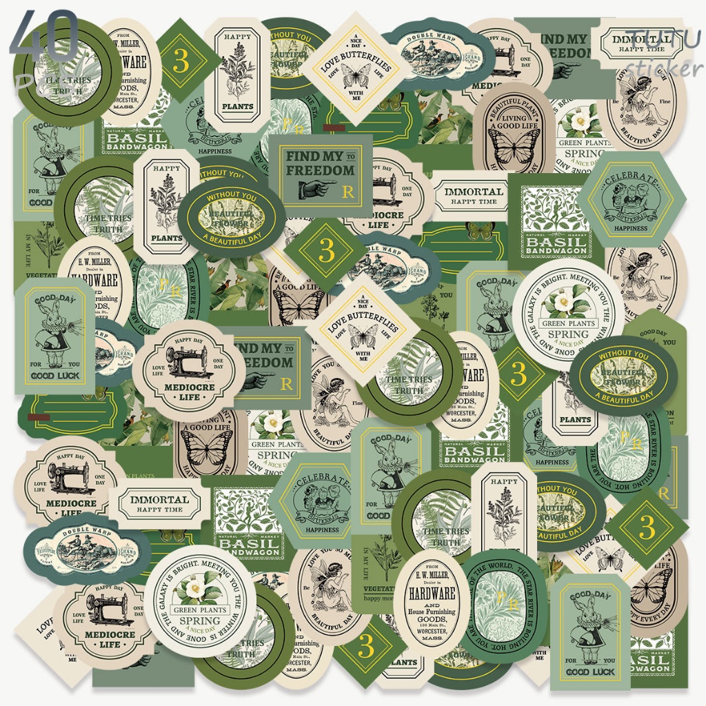 

40 Pcs Kupu-kupu Gaya Vintage Dan Teks Motivasi Stiker Bertema Hijau
