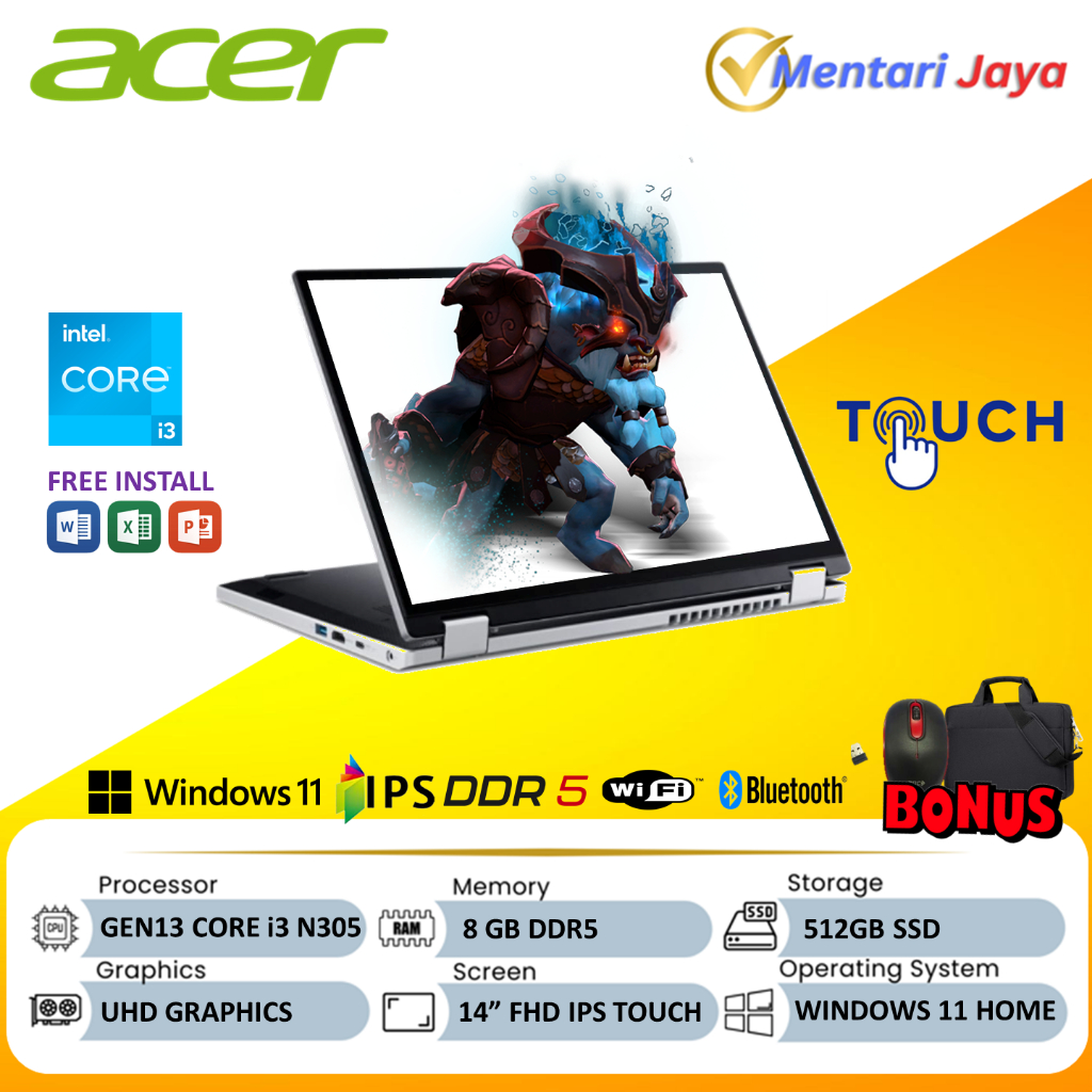 ACER Spin 3 A3SP14 Laptop core i3 N305 Gen 13 8GB 512 SSD 14 WUXGA IPS Touchscreen Baru