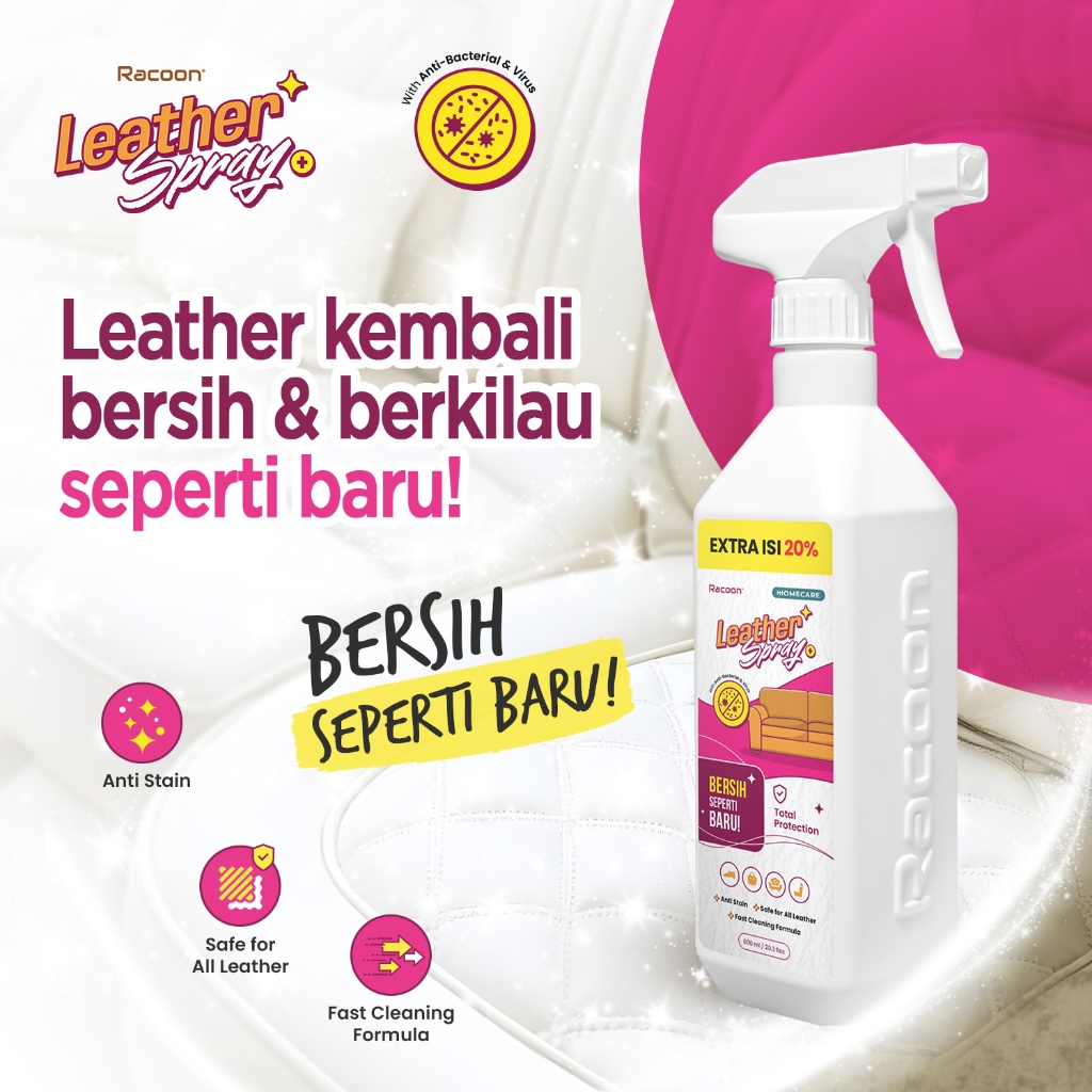 RACOON Spray Pembersih Kulit 500ML + EXTRA 100ML  Sofa Kulit Jok Mobil | Racoon Leather Spray