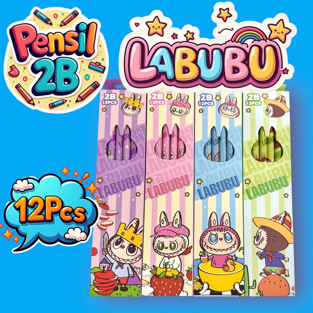 

Pensil anak sekolah LABUBU Lucu Pencil 2B isi 12 Pcs Free Rautan Lucu Karakter Kartun boneka lucu