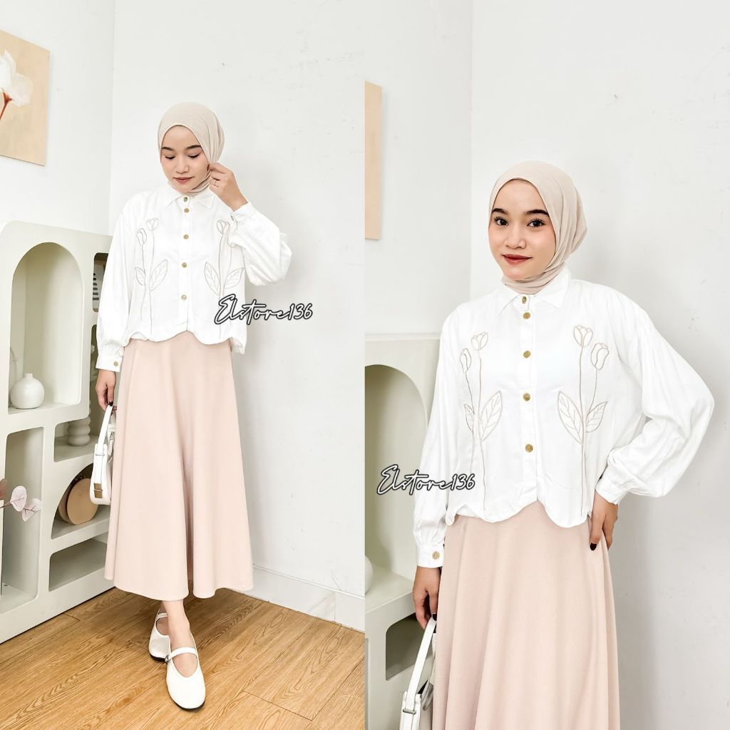 

Nycyta Home Camary Flower Shirt Kemeja Rayon Twill Bordir Bunga Atasan Wanita Crop Lengan Panjang