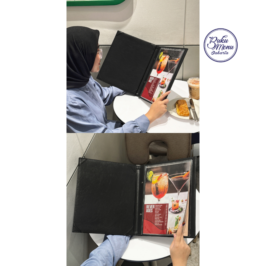 

InJO Buku Menu Jakarta - Buku Menu Kulit Premium Jepit Baut Isi Plastik Mika A4 dan 15x30cm Hitam