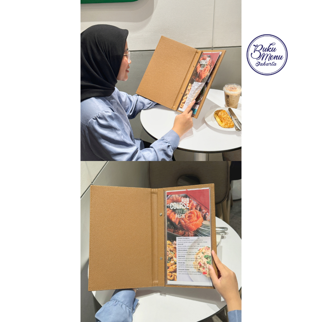 

Buku Menu Jakarta - Buku Menu Kulit Premium Jepit Baut Isi Plastik Mika 15x30cm Coklat Muda - Cafe,