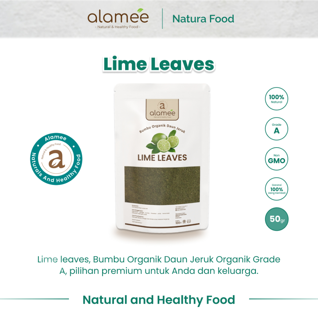 

alamee bumbu organik daun jeruk 50 gram dengan aroma segar dan rasa citrus yang menambah kelezatan