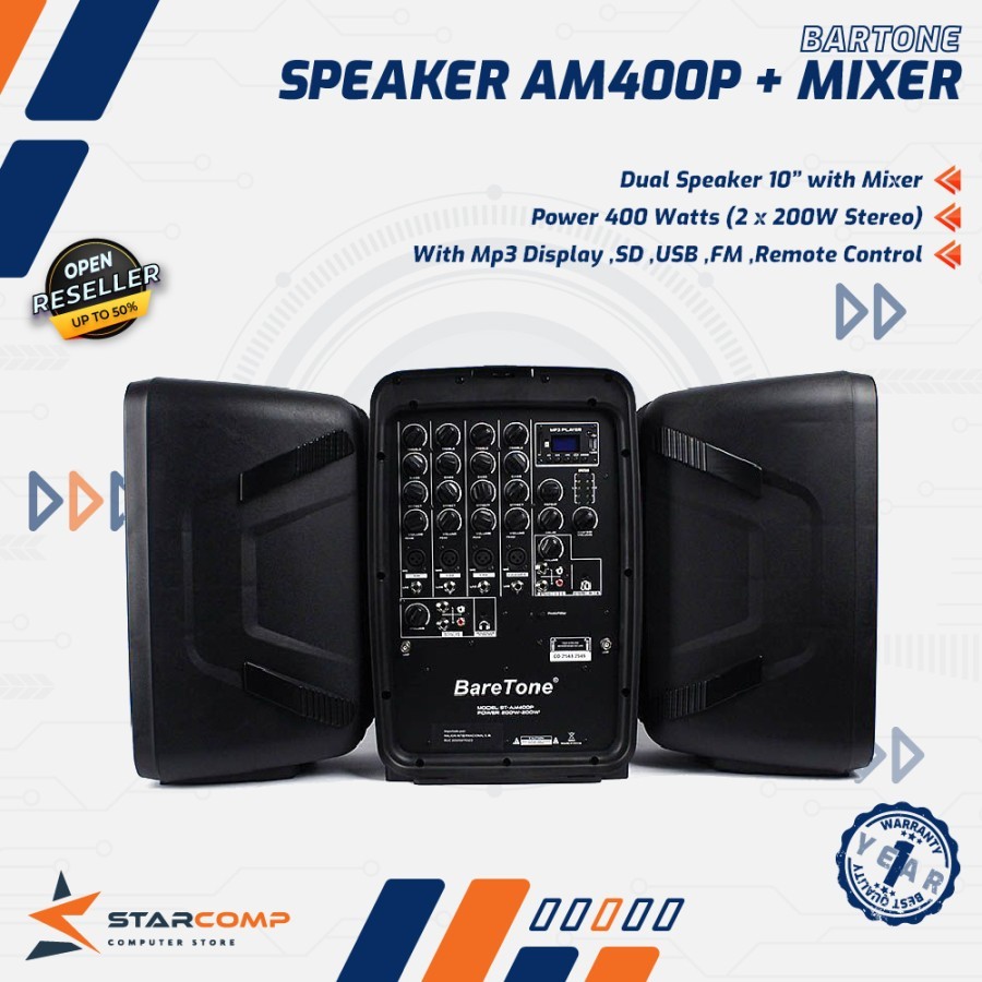 BareTone AM400P Speaker Active With Power Mixer Audio Sound System