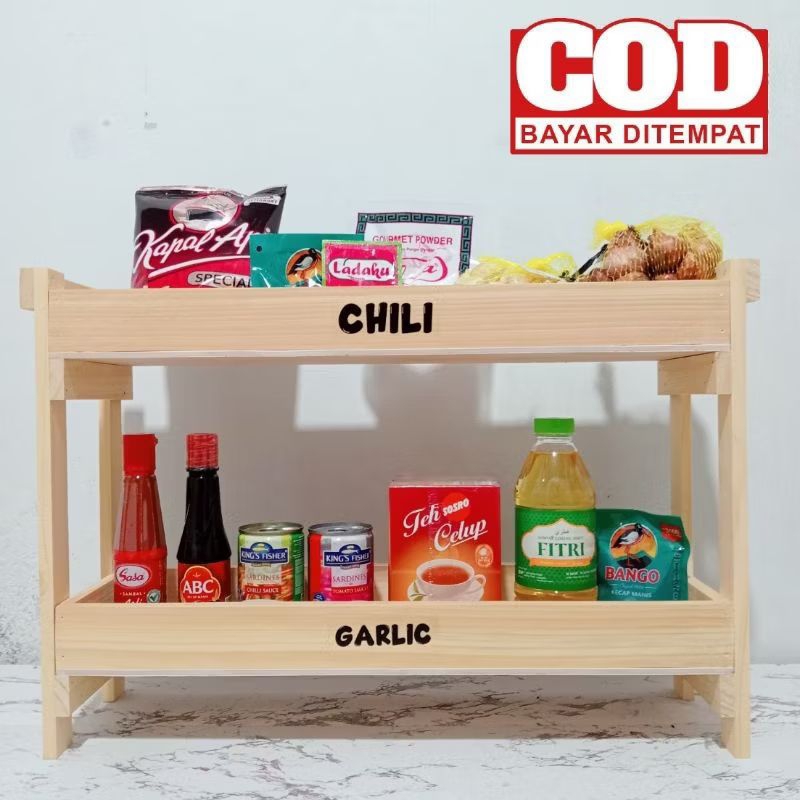 Rak bawang susun / Rak bumbu susun / Rak kayu susun / Rak dapur / Tempat bumbu panjang 50cm