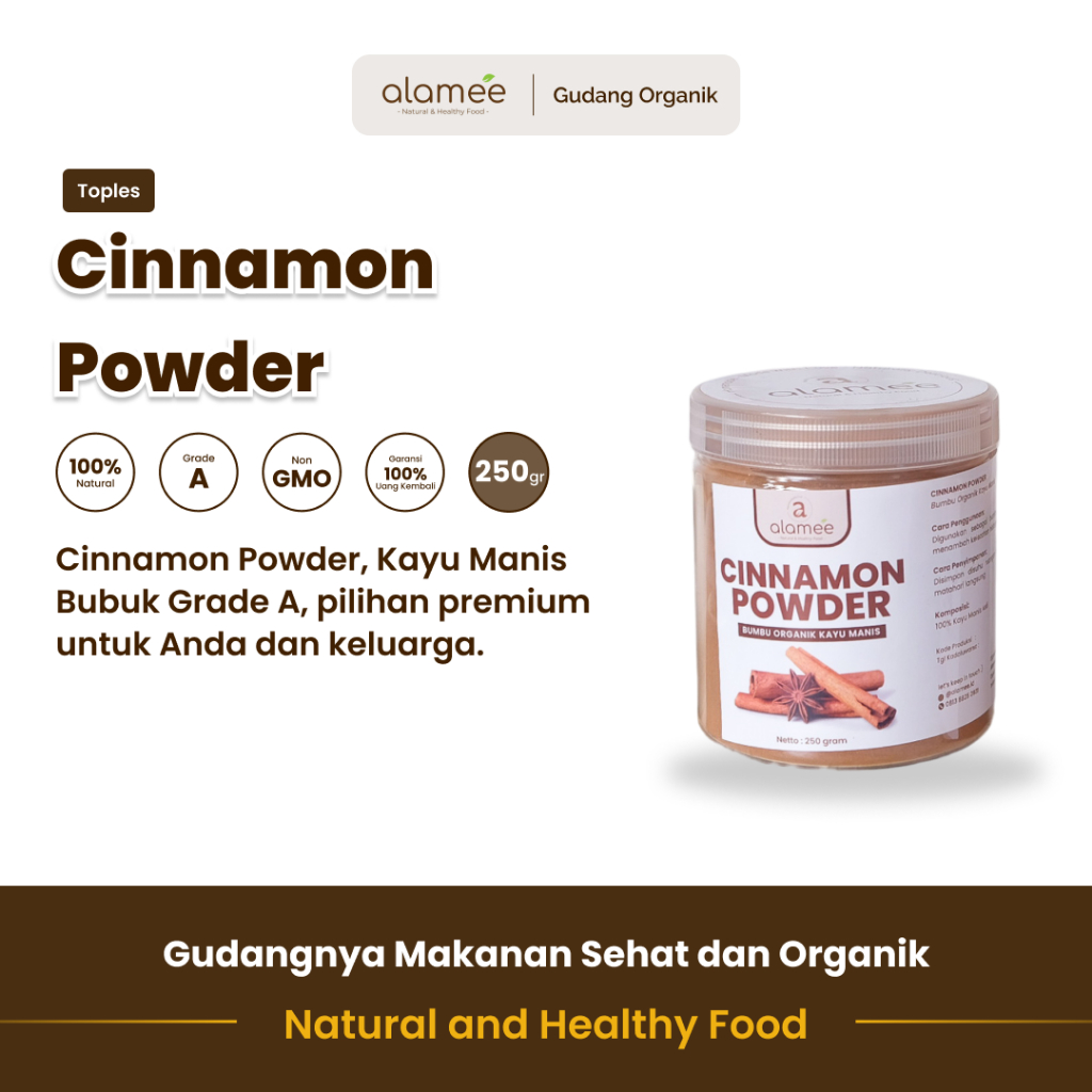 

alamee bumbu organik kayu manis toples dengan 100 persen organik dan kaya nutrisi meningkatkan rasa