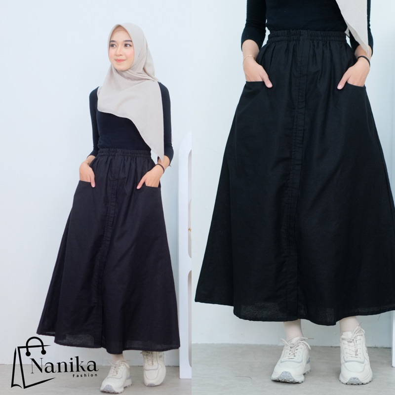 Rok Hitam Panjang Katun Linen Premium Korean Style Kasual Rima Skirt