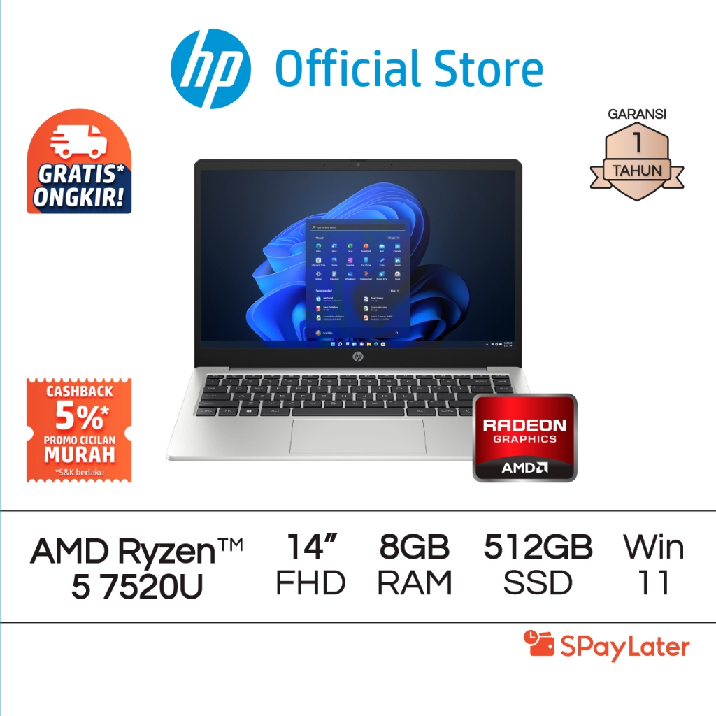 Spaylater 0% - Laptop HP 245 G10 Ryzen 5 Radeon 8GB RAM 512GB SSD Windows 11 14 Inch AMD Garansi 1 T