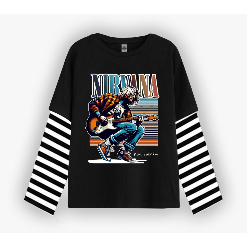 Nouths Tshirt Double layer Nirvana kurtcobain guitars  long sleeve  band kaos pria wanita