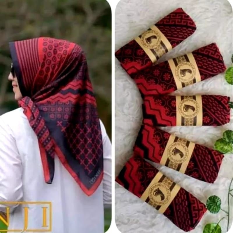 HIJAB SEGI EMPAT VOAL PREMIUM DENAY INJI KW KERUDUNG DEENAY KW MOTIF MERAH HITAM TERBARU