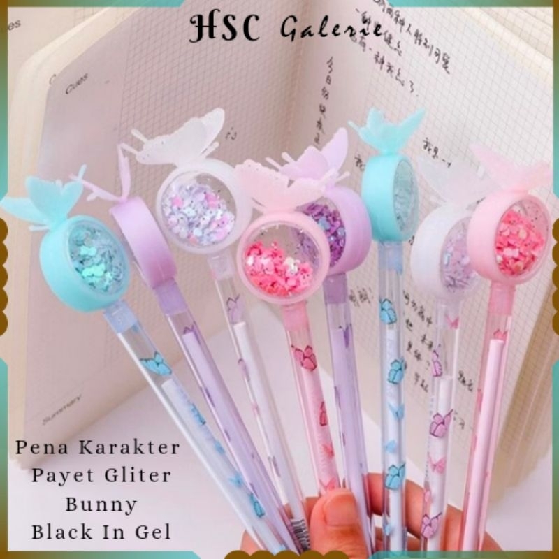 

HSC Pena Karakter Payet Gliter Bunny Lucu Black Ink Gel / pulpen murah