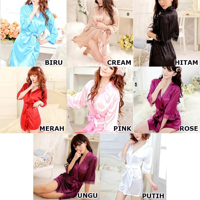 Baju Tidur Sexy Kimono Set Lace Bahan Satin Ascalor Sutra Piyama