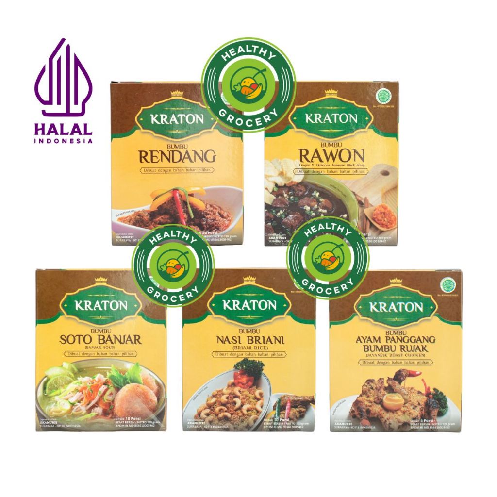 

Kraton Bumbu Rendang 170gr / Rawon 150gr / Soto Banjar 120gr / Nasi Briani 105gr / Ayam Panggang Bumbu Rujak 125gr