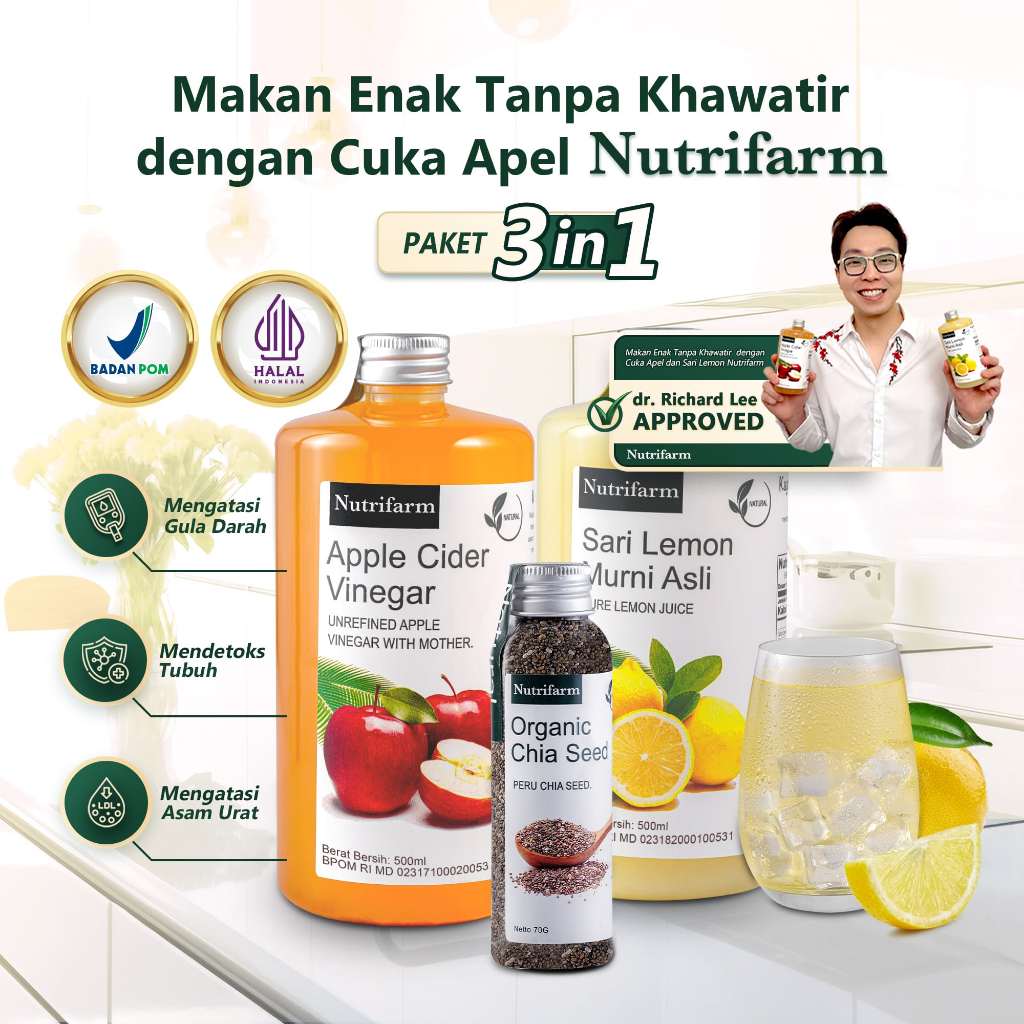 PAKET DIET CUKA APEL 3 IN 1 CUKA APEL SARI LEMON CHIA SEED ORIGINAL ORGANIK 500ML / APPLE CIDER VINE