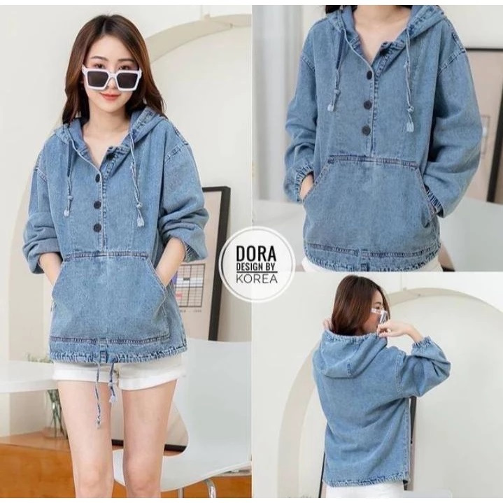 Hoodie Denim Dora Jacket Jeans Wanita Kekinian Korean Style Terbaru Jaket Kupluk Variasi Kancing
