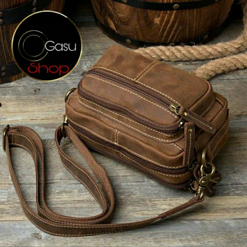TAS SELEMPANG DARI KULIT ASLI BAHAN CRAZY HORSE BUAT PRIA WANITA, 100 PERSEN KULIT ASLI  ORIGINAL