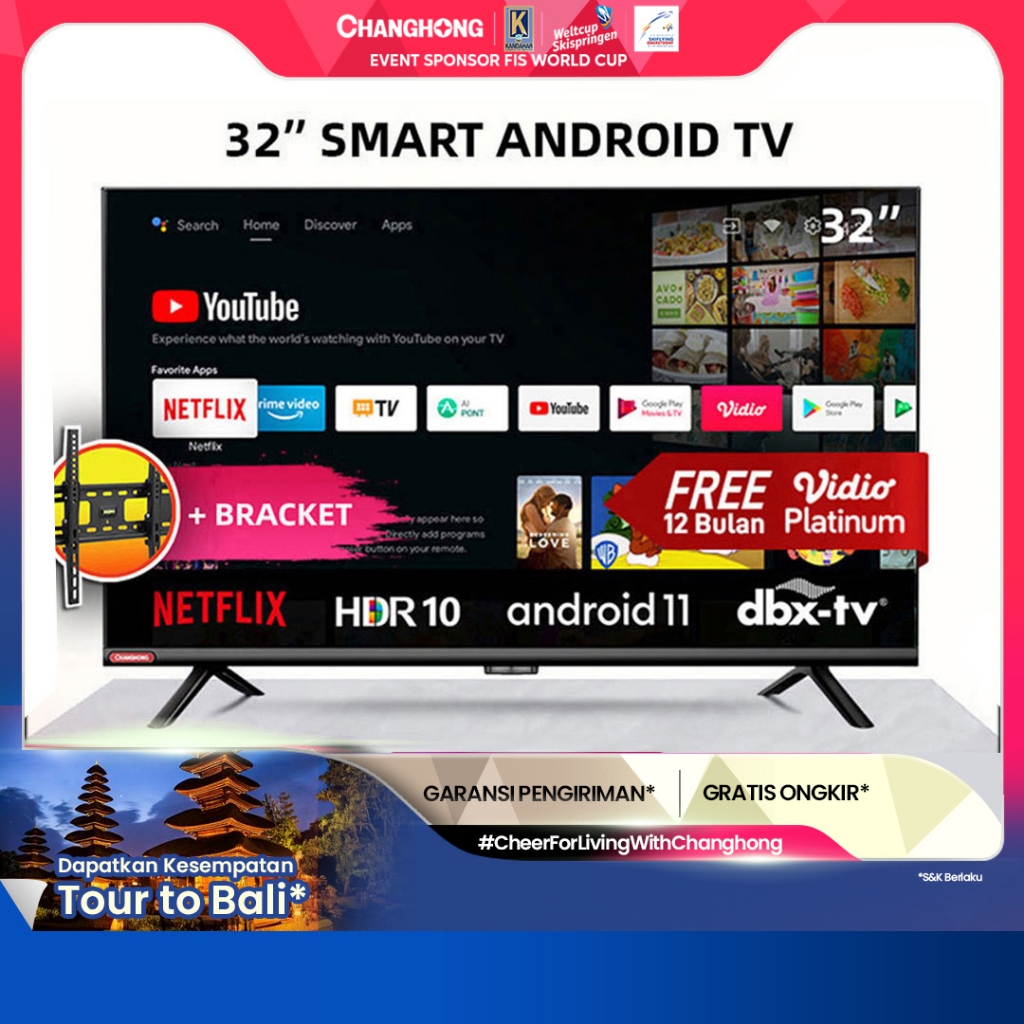 Changhong 32 Inch Newest Android 11 Frameless Smart TV Digital Neflix LED TV-L32G7N-Garansi 3  Resmi