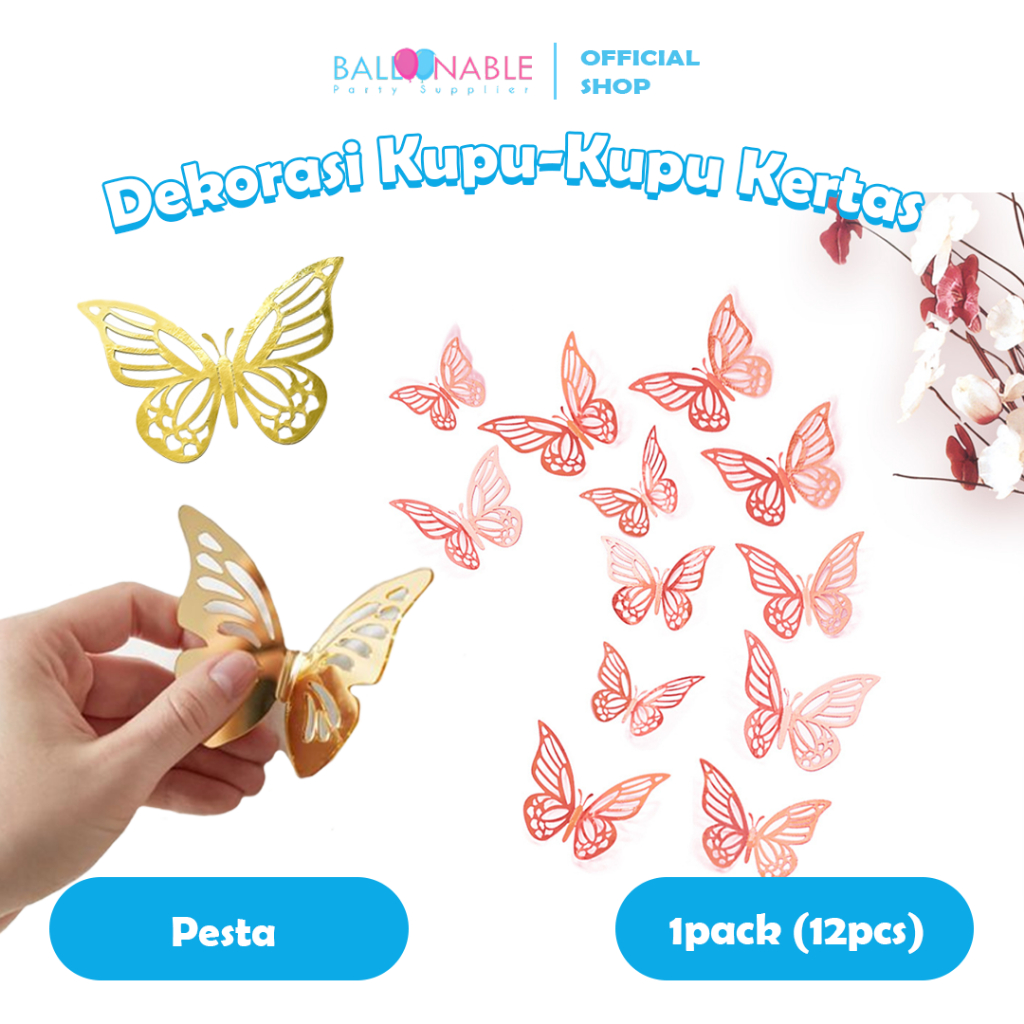Hiasan Dinding Kupu-Kupu / Hiasan Kue Glamour Gold / Silver / Rose Gold | Glamorous Butterfly Decora