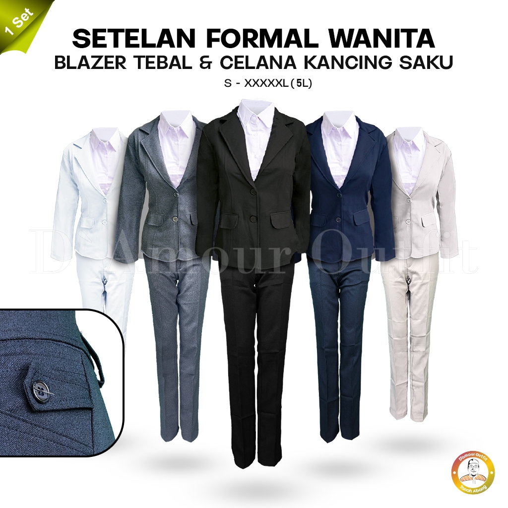 One Set Setelan Jas Blazer dan Celana Bahan kancing saku Wanita Stelan Jas Kerja Kantor Cewe Polos D
