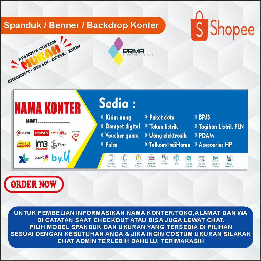 BANNER SPANDUK TOKO KONTER PULSA/HIASAN KONTER PULSA/PERLENGKAPAN KONTER PULSA/BANNER CUSTOM