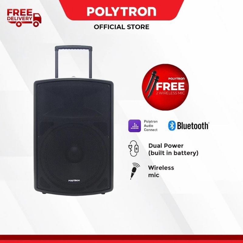POLYTRON Speaker Bluetooth Portable Profesional 15 inch PASPRO 15F3 | Free 2 Mic Wireless