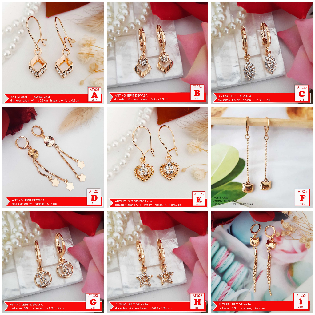 AT 023 Anting Jepit Dewasa Mata Zirkon Perhiasan Imitasi Lapis Emas 18k Giwang Gold Wanita Merk Yaxi
