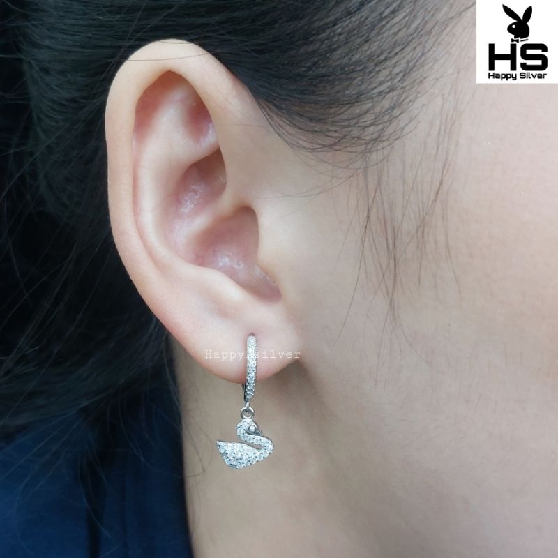 Anting Jepit Perak Asli Silver 925 Lapis Emas Putih Model Jepit Gantungan Angsa Permata Model Emas _