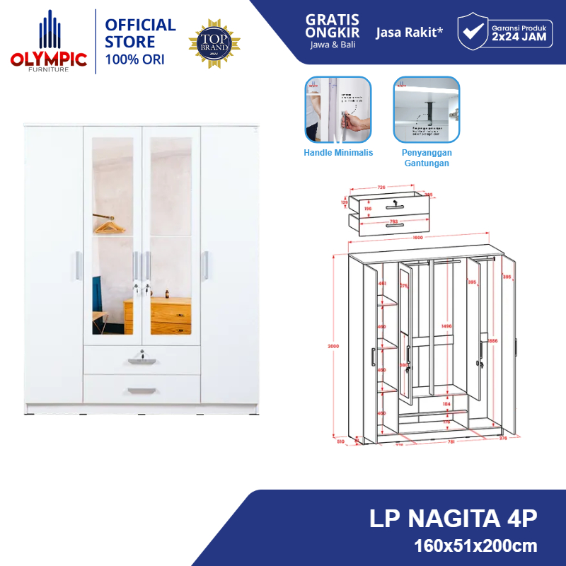 Olympic Lemari Pakaian Besar 4 Pintu / Lemari Baju / Lemari Putih / Lemari Gamis / LP NAGITA 4P
