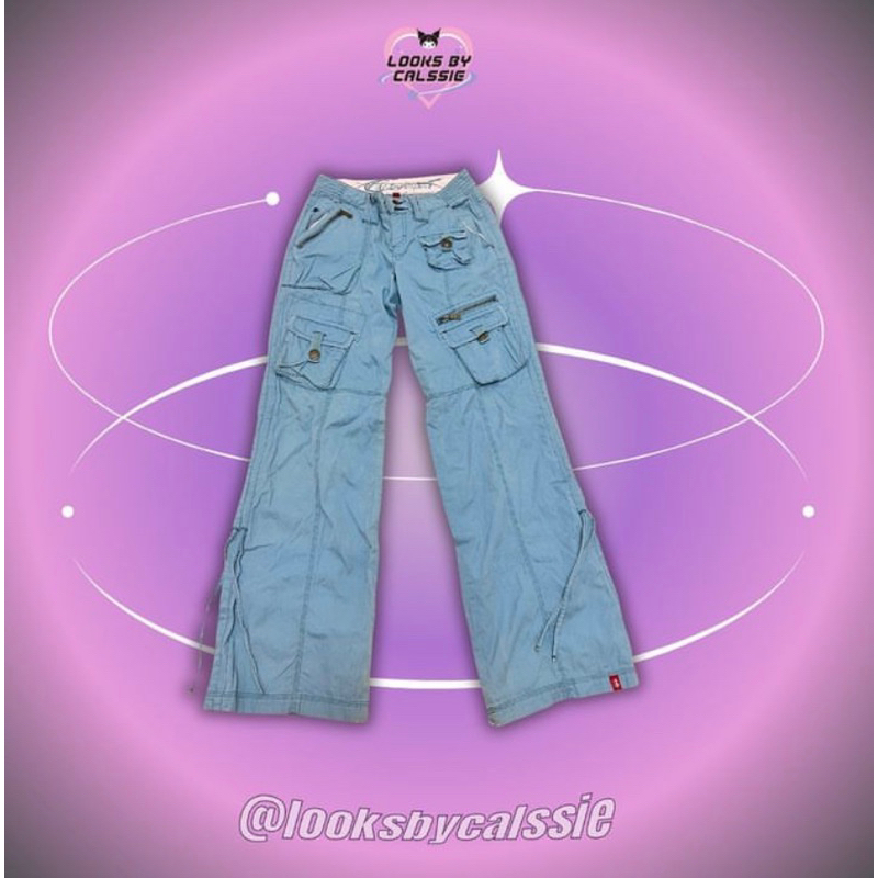 y2k blue flare cargo pants