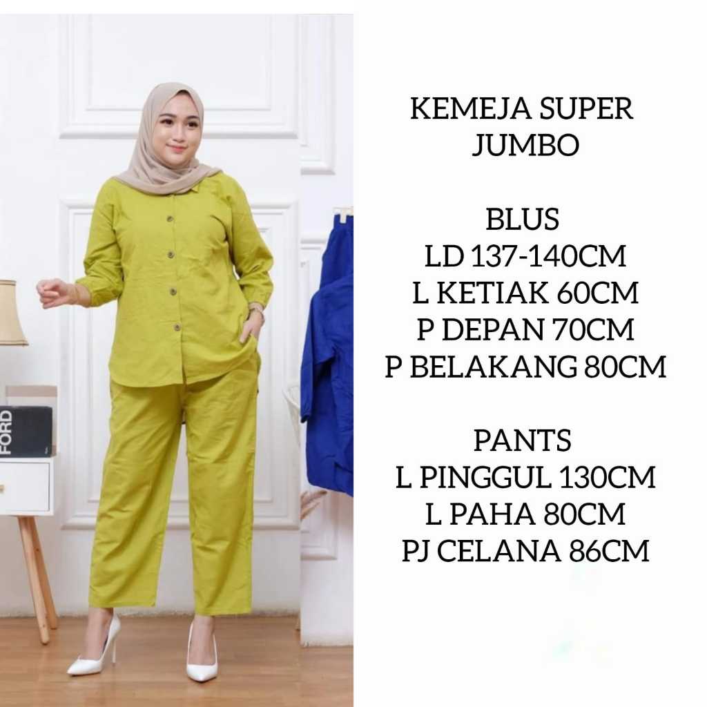 KEMEJA SUPER JUMBO Setelan Wanita Atasan Kulot, ONE SET KEMEJA XXXXL polos OVERSIZE Katun LINEN