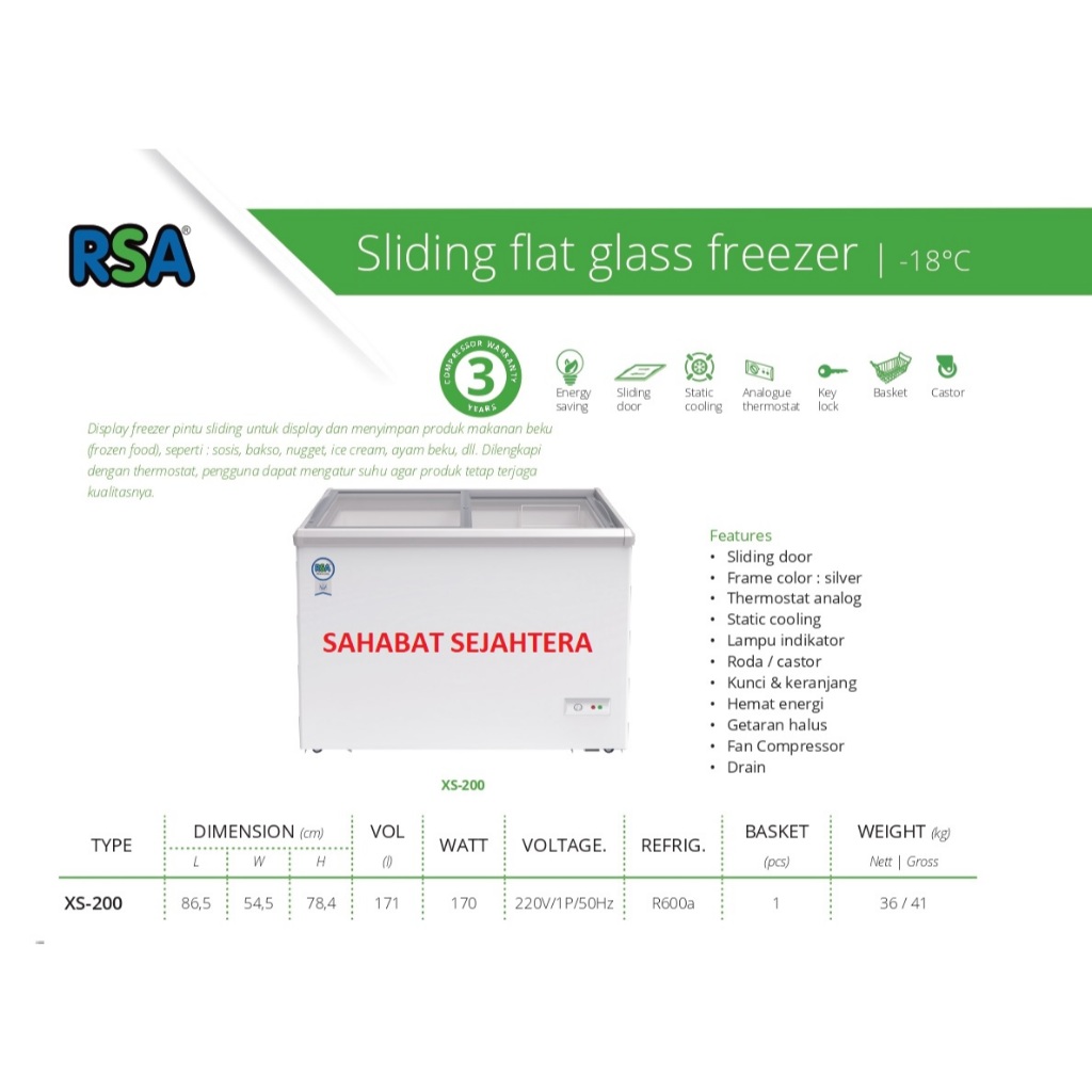 RSA Sliding Flat Glass Freezer XS-200 Freezer Sliding Kaca