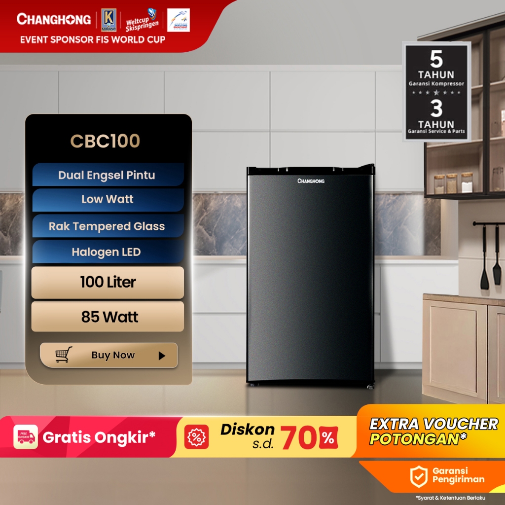 Changhong Kulkas 1 pintu (Refrigerator) Lemari Es Kapasitas 100 Liter – Black CBC 100 (Semi Auto-Def