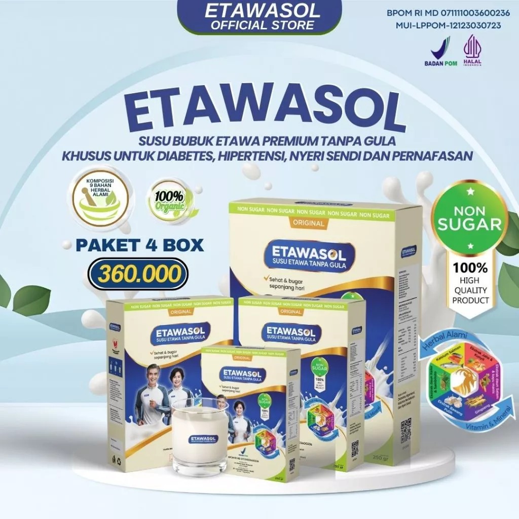 

PAKET 4 BOX Etawasol Susu Kambing Etawa Tanpa Gula Untuk Penderita Diabetes, Hipertensi dan Nyeri Sendi Kemasan 250gr