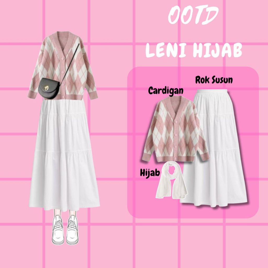 OOTD Leni | One Set ( Cardigan + Rok Susun Putih + Hijab ) | Korean Style Hijab